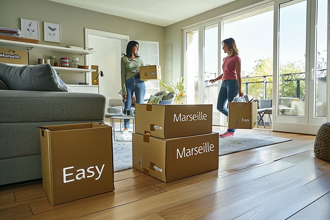 alt="Aide ménagère experte aidant à emballer des cartons pour un déménagement facile et paisible à Marseille