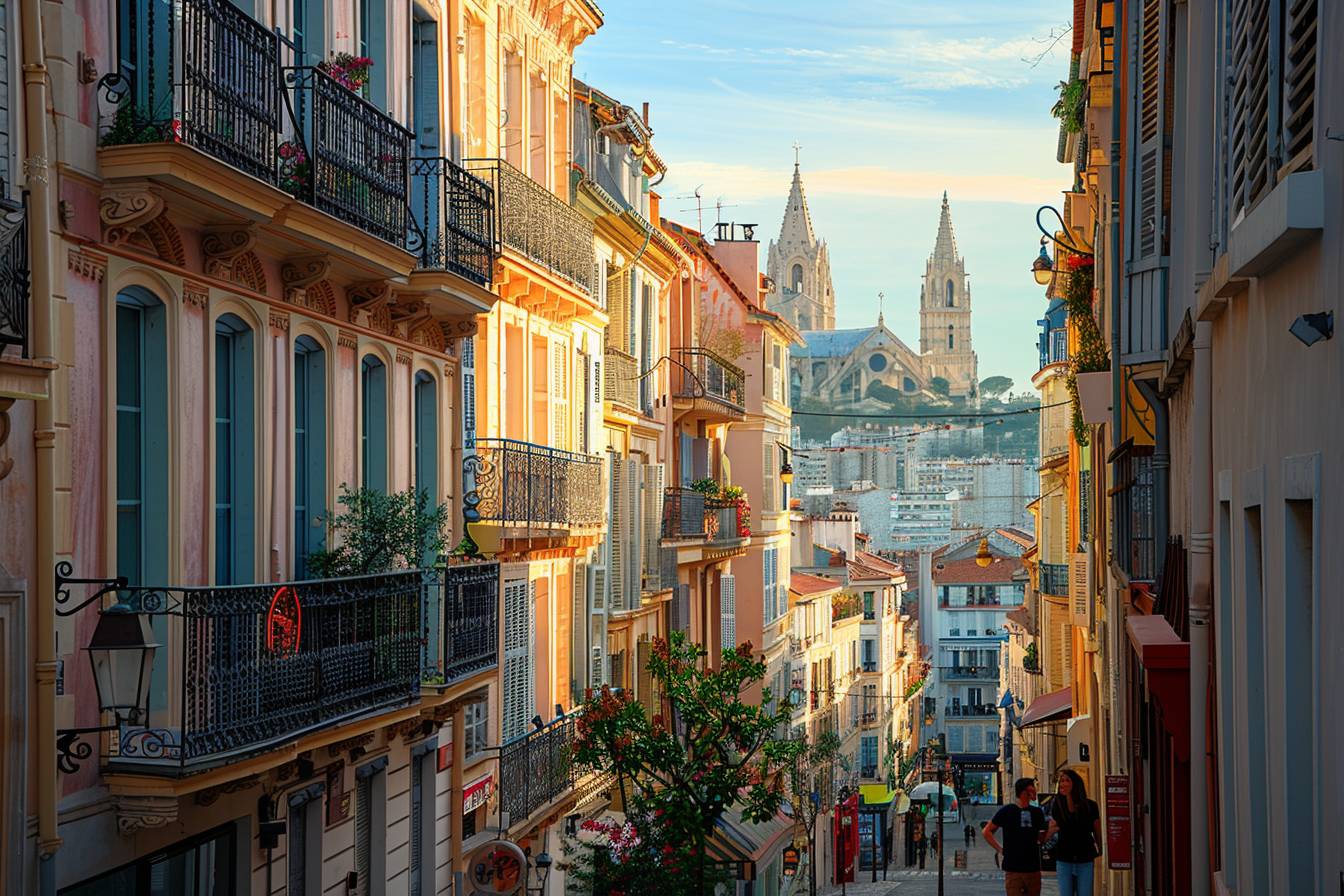 Vue panoramique de Marseille avec des points lumineux indiquant les meilleurs quartiers pour trouver un logement